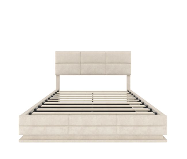 Cama tapizada 140x200 cm - cabezal ajustable, puertos usb/type-c, iluminación led, sistema hidráulico, gran capacidad de almacenamiento - beige