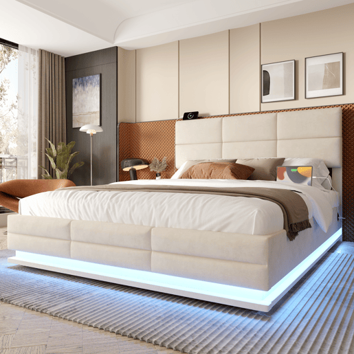Cama estofada 140x200 cm - Cabeceira ajustável, portas USBType-C, iluminação LED, sistema hidráulico, grande capacidade de armazenamento - Bege Cama estofada 140x200 cm - Cabeceira ajustável, portas USBType-C, iluminação LED, sistema hidráulico, grande capacidade de armazenamento - Bege