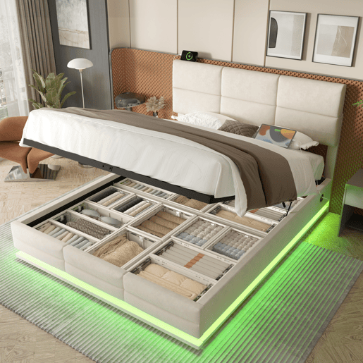 Cama estofada 140x200 cm - Cabeceira ajustável, portas USBType-C, iluminação LED, sistema hidráulico, grande capacidade de armazenamento - Bege Cama estofada 140x200 cm - Cabeceira ajustável, portas USBType-C, iluminação LED, sistema hidráulico, grande capacidade de armazenamento - Bege