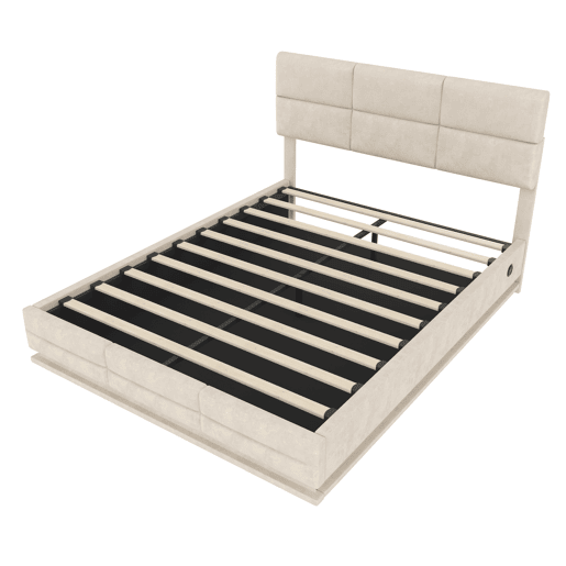Cama estofada 140x200 cm - Cabeceira ajustável, portas USBType-C, iluminação LED, sistema hidráulico, grande capacidade de armazenamento - Bege Cama estofada 140x200 cm - Cabeceira ajustável, portas USBType-C, iluminação LED, sistema hidráulico, grande capacidade de armazenamento - Bege