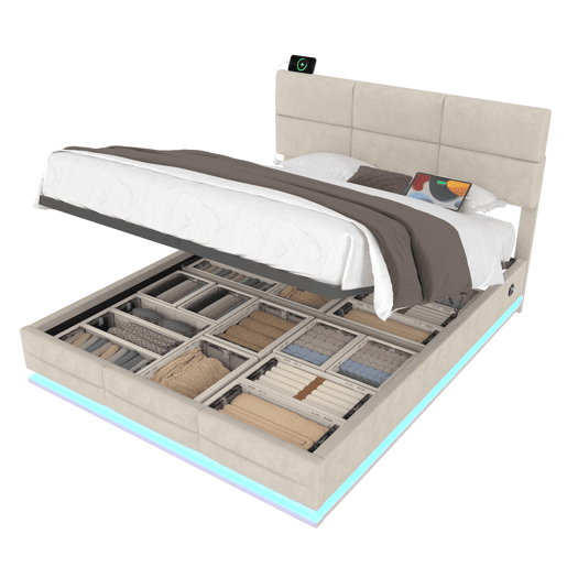 Cama estofada 140x200 cm - Cabeceira ajustável, portas USBType-C, iluminação LED, sistema hidráulico, grande capacidade de armazenamento - Bege Cama estofada 140x200 cm - Cabeceira ajustável, portas USBType-C, iluminação LED, sistema hidráulico, grande capacidade de armazenamento - Bege