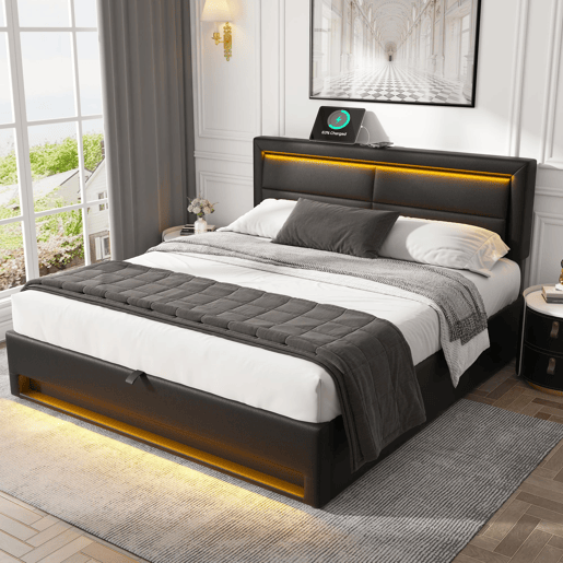 Cama contentora em pele sintética de 140x200 cm com LED - com portas de carregamento (com e sem fios) - Preto Cama contentora em pele sintética de 140x200 cm com LED - com portas de carregamento (com e sem fios) - Preto