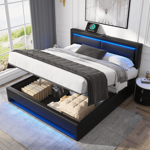 Cama contentora em pele sintética de 140x200 cm com LED - com portas de carregamento (com e sem fios) - Preto Cama contentora em pele sintética de 140x200 cm com LED - com portas de carregamento (com e sem fios) - Preto