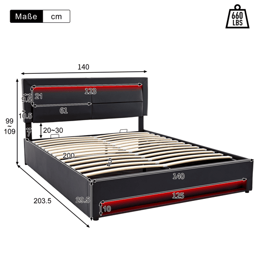 Cama contentora em pele sintética de 140x200 cm com LED - com portas de carregamento (com e sem fios) - Preto Cama contentora em pele sintética de 140x200 cm com LED - com portas de carregamento (com e sem fios) - Preto
