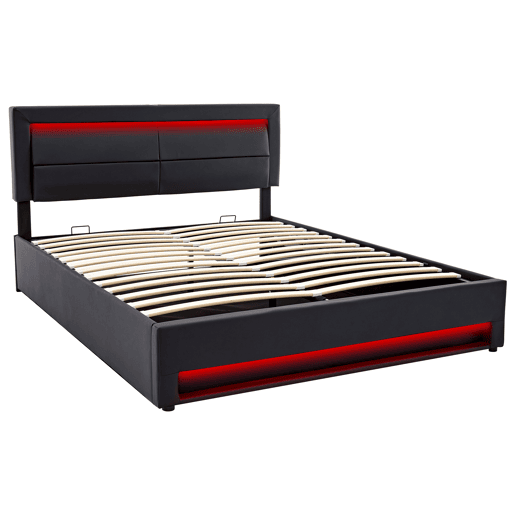 Cama contentora em pele sintética de 140x200 cm com LED - com portas de carregamento (com e sem fios) - Preto Cama contentora em pele sintética de 140x200 cm com LED - com portas de carregamento (com e sem fios) - Preto
