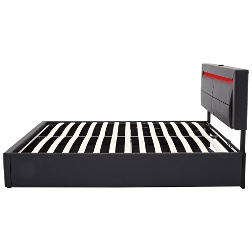 Cama contentora em pele sintética de 140x200 cm com LED - com portas de carregamento (com e sem fios) - Preto Cama contentora em pele sintética de 140x200 cm com LED - com portas de carregamento (com e sem fios) - Preto