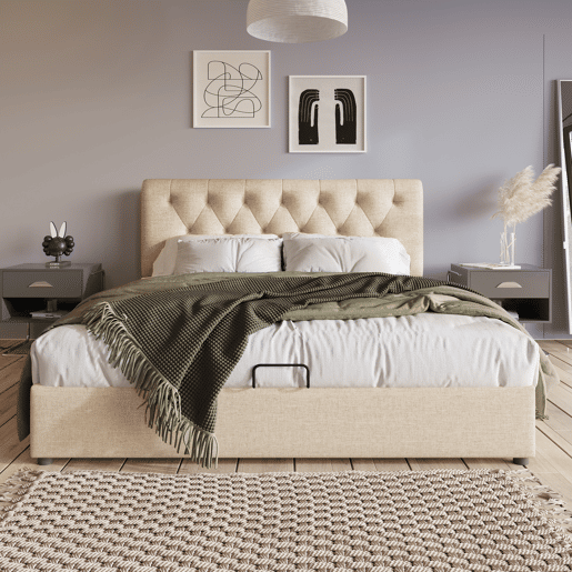 Cama de casal 140x200 - estofada, hidráulica, cabeceira ajustável, com arrumação - Natural Cama de casal 140x200 - estofada, hidráulica, cabeceira ajustável, com arrumação - Natural