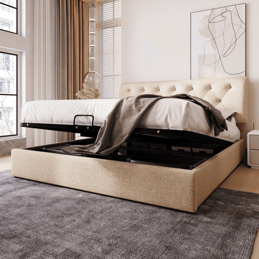 Cama de casal 140x200 - estofada, hidráulica, cabeceira ajustável, com arrumação - Natural Cama de casal 140x200 - estofada, hidráulica, cabeceira ajustável, com arrumação - Natural