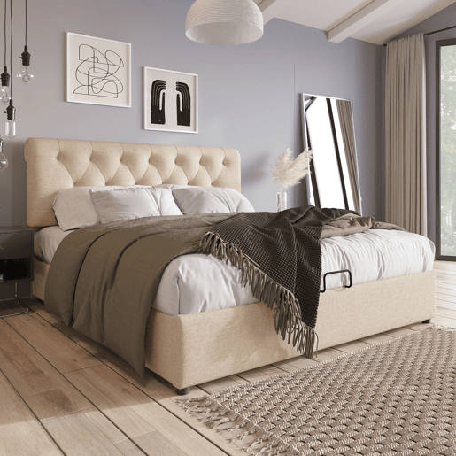 Cama de casal 140x200 - estofada, hidráulica, cabeceira ajustável, com arrumação - Natural Cama de casal 140x200 - estofada, hidráulica, cabeceira ajustável, com arrumação - Natural