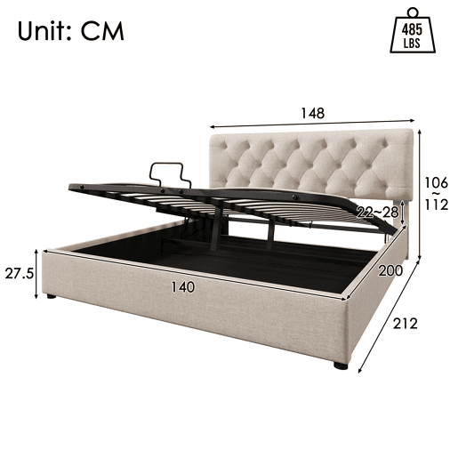 Cama de casal 140x200 - estofada, hidráulica, cabeceira ajustável, com arrumação - Natural Cama de casal 140x200 - estofada, hidráulica, cabeceira ajustável, com arrumação - Natural