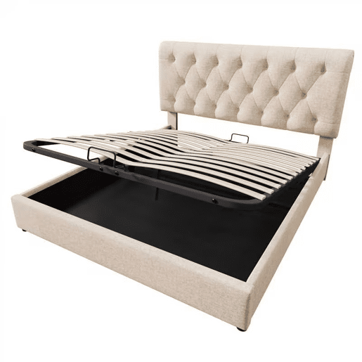 Cama de casal 140x200 - estofada, hidráulica, cabeceira ajustável, com arrumação - Natural Cama de casal 140x200 - estofada, hidráulica, cabeceira ajustável, com arrumação - Natural