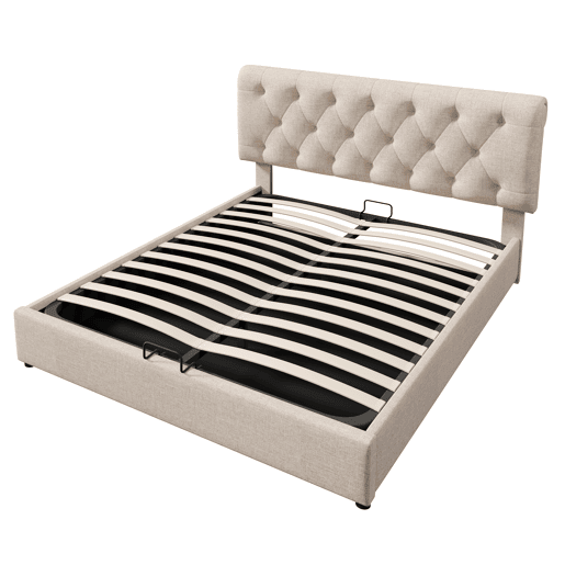 Cama de casal 140x200 - estofada, hidráulica, cabeceira ajustável, com arrumação - Natural Cama de casal 140x200 - estofada, hidráulica, cabeceira ajustável, com arrumação - Natural