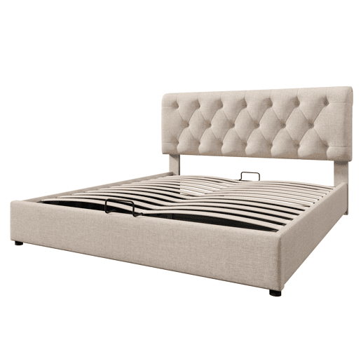 Cama de casal 140x200 - estofada, hidráulica, cabeceira ajustável, com arrumação - Natural Cama de casal 140x200 - estofada, hidráulica, cabeceira ajustável, com arrumação - Natural