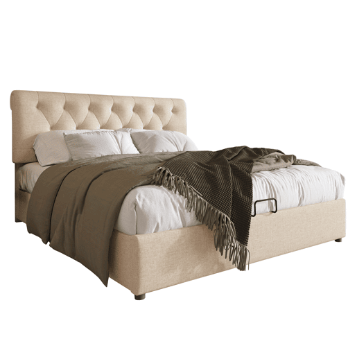 Cama de casal 140x200 - estofada, hidráulica, cabeceira ajustável, com arrumação - Natural Cama de casal 140x200 - estofada, hidráulica, cabeceira ajustável, com arrumação - Natural