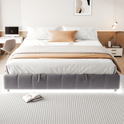 Cama individual 180x200 cm - Sem cabeceira, com faixa de luz LED, estrutura flutuante hidráulica com arrumação - Cinza Cama individual 180x200 cm - Sem cabeceira, com faixa de luz LED, estrutura flutuante hidráulica com arrumação - Cinza