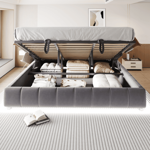 Cama individual 180x200 cm - Sem cabeceira, com faixa de luz LED, estrutura flutuante hidráulica com arrumação - Cinza Cama individual 180x200 cm - Sem cabeceira, com faixa de luz LED, estrutura flutuante hidráulica com arrumação - Cinza