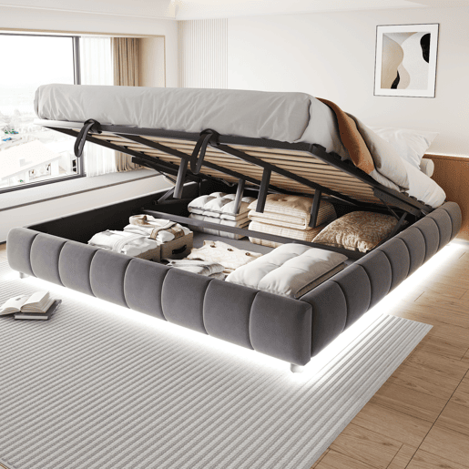 Cama individual 180x200 cm - Sem cabeceira, com faixa de luz LED, estrutura flutuante hidráulica com arrumação - Cinza Cama individual 180x200 cm - Sem cabeceira, com faixa de luz LED, estrutura flutuante hidráulica com arrumação - Cinza