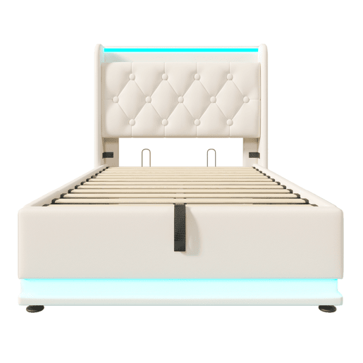 Cama individual estofada 90*200 - LED 360, hidráulica, cabeceira com USB Tipo-C, com colchão - Branco PU Cama individual estofada 90*200 - LED 360, hidráulica, cabeceira com USB Tipo-C, com colchão - Branco PU