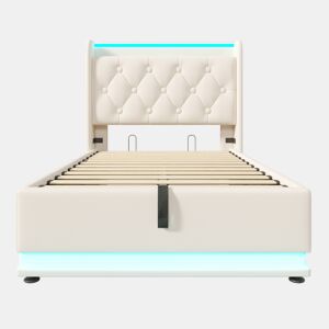 Cama individual estofada 90*200 - LED 360, hidráulica, cabeceira com USB Tipo-C, com colchão - Branco PU