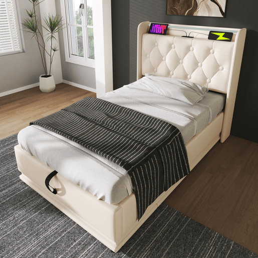Cama individual estofada 90*200 - LED 360, hidráulica, cabeceira com USB Tipo-C, com colchão - Branco PU Cama individual estofada 90*200 - LED 360, hidráulica, cabeceira com USB Tipo-C, com colchão - Branco PU