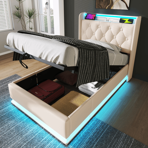 Cama individual estofada 90*200 - LED 360, hidráulica, cabeceira com USB Tipo-C, com colchão - Branco PU Cama individual estofada 90*200 - LED 360, hidráulica, cabeceira com USB Tipo-C, com colchão - Branco PU
