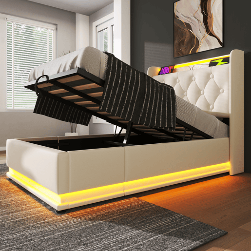 Cama individual estofada 90*200 - LED 360, hidráulica, cabeceira com USB Tipo-C, com colchão - Branco PU Cama individual estofada 90*200 - LED 360, hidráulica, cabeceira com USB Tipo-C, com colchão - Branco PU