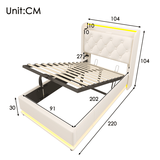 Cama individual estofada 90*200 - LED 360, hidráulica, cabeceira com USB Tipo-C, com colchão - Branco PU Cama individual estofada 90*200 - LED 360, hidráulica, cabeceira com USB Tipo-C, com colchão - Branco PU