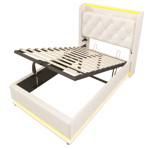 Cama individual estofada 90*200 - LED 360, hidráulica, cabeceira com USB Tipo-C, com colchão - Branco PU Cama individual estofada 90*200 - LED 360, hidráulica, cabeceira com USB Tipo-C, com colchão - Branco PU