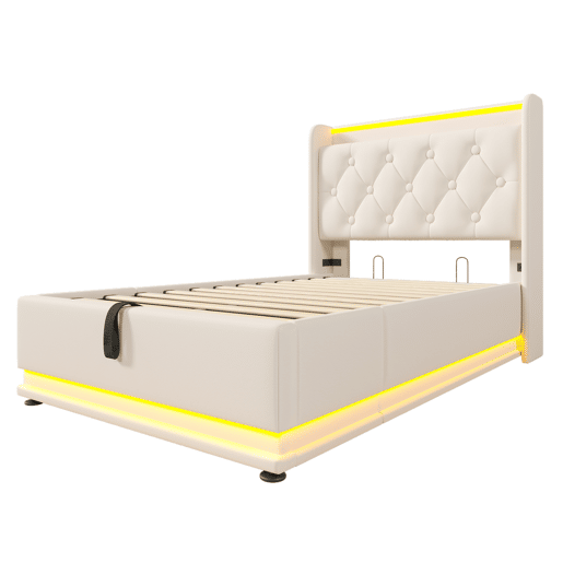 Cama individual estofada 90*200 - LED 360, hidráulica, cabeceira com USB Tipo-C, com colchão - Branco PU Cama individual estofada 90*200 - LED 360, hidráulica, cabeceira com USB Tipo-C, com colchão - Branco PU