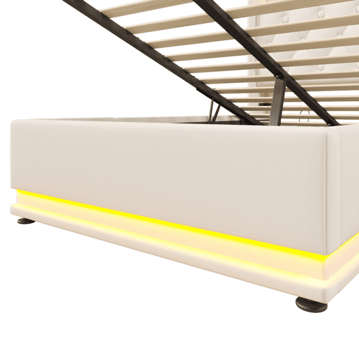 Cama individual estofada 90*200 - LED 360, hidráulica, cabeceira com USB Tipo-C, com colchão - Branco PU Cama individual estofada 90*200 - LED 360, hidráulica, cabeceira com USB Tipo-C, com colchão - Branco PU