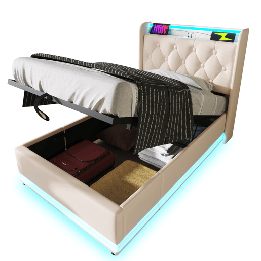 Cama individual estofada 90*200 - LED 360, hidráulica, cabeceira com USB Tipo-C, com colchão - Branco PU Cama individual estofada 90*200 - LED 360, hidráulica, cabeceira com USB Tipo-C, com colchão - Branco PU