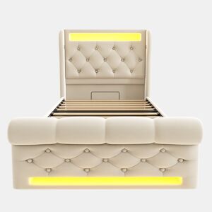 Cama individual estofada 90x200cm - Cama com luzes LED, cabeceira com arrumação e portas USB e Tipo-C, cama hidráulica - Bege