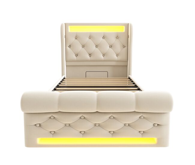 Cama tapizada individual 90x200cm - cama con luces led, cabecero con almacenamiento y puertos usb y tipo-c, cama hidráulica - beige