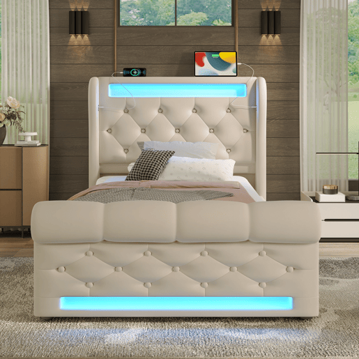 Cama individual estofada 90x200cm - Cama com luzes LED, cabeceira com arrumação e portas USB e Tipo-C, cama hidráulica - Bege