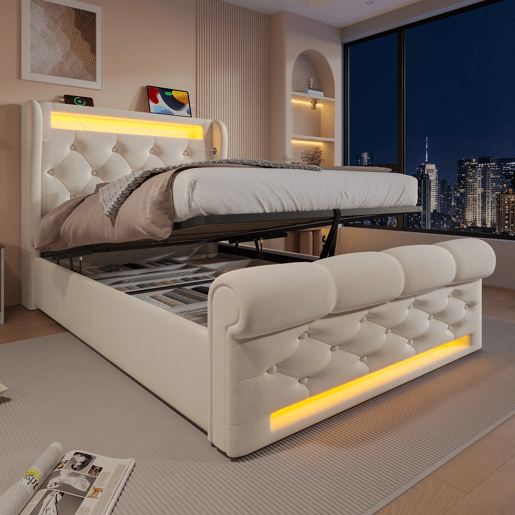 Cama individual estofada 90x200cm - Cama com luzes LED, cabeceira com arrumação e portas USB e Tipo-C, cama hidráulica - Bege