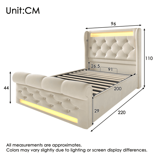 Cama individual estofada 90x200cm - Cama com luzes LED, cabeceira com arrumação e portas USB e Tipo-C, cama hidráulica - Bege