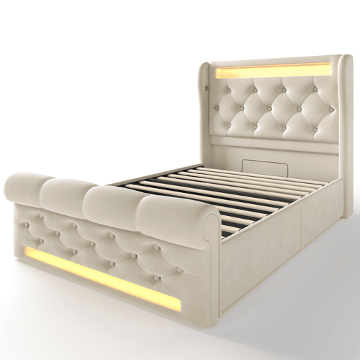 Cama individual estofada 90x200cm - Cama com luzes LED, cabeceira com arrumação e portas USB e Tipo-C, cama hidráulica - Bege