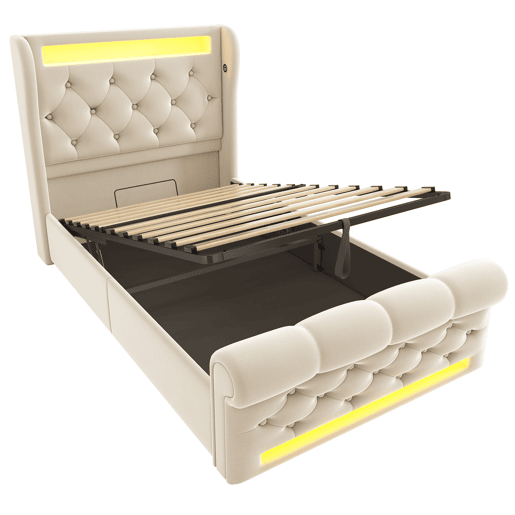Cama individual estofada 90x200cm - Cama com luzes LED, cabeceira com arrumação e portas USB e Tipo-C, cama hidráulica - Bege