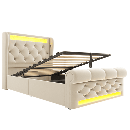 Cama individual estofada 90x200cm - Cama com luzes LED, cabeceira com arrumação e portas USB e Tipo-C, cama hidráulica - Bege