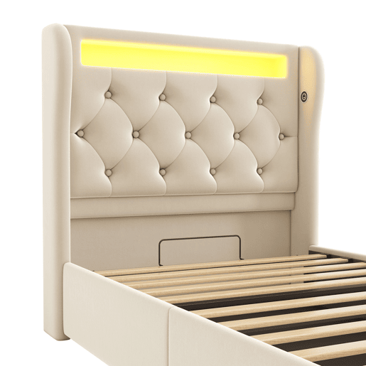 Cama individual estofada 90x200cm - Cama com luzes LED, cabeceira com arrumação e portas USB e Tipo-C, cama hidráulica - Bege