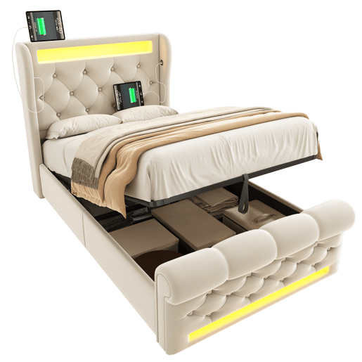 Cama individual estofada 90x200cm - Cama com luzes LED, cabeceira com arrumação e portas USB e Tipo-C, cama hidráulica - Bege