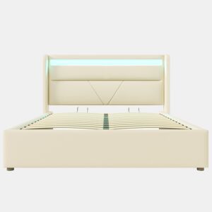 Cama estofada 140x200 - Cama funcional com iluminação LED e base hidráulica - Branco