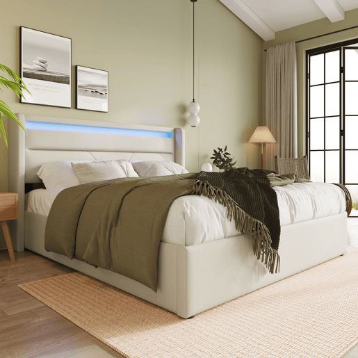 Cama estofada 140x200 - Cama funcional com iluminação LED e base hidráulica - Branco Cama estofada 140x200 - Cama funcional com iluminação LED e base hidráulica - Branco