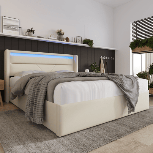Cama estofada 140x200 - Cama funcional com iluminação LED e base hidráulica - Branco Cama estofada 140x200 - Cama funcional com iluminação LED e base hidráulica - Branco