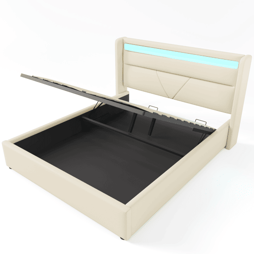 Cama estofada 140x200 - Cama funcional com iluminação LED e base hidráulica - Branco Cama estofada 140x200 - Cama funcional com iluminação LED e base hidráulica - Branco
