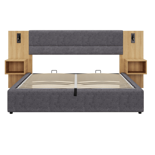 Cama grande para arrumação 160x200 cm estofada em veludo - com porta USB e LED - 2 mesas de cabeceira - Cinzento e Natural