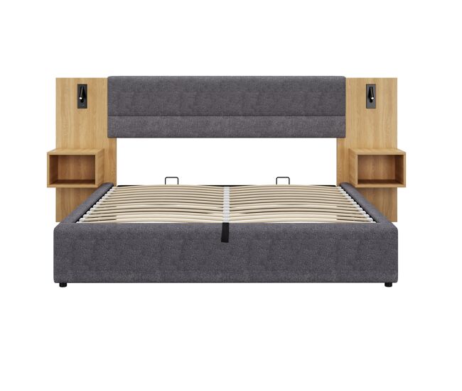 Cama contenedor amplia 160x200 cm acolchada en terciopelo - con puerto usb y led - 2 mesitas de noche - gris y natural