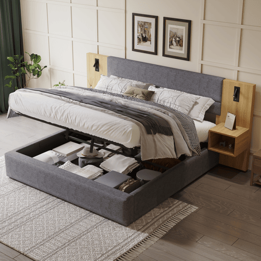 Cama grande para arrumação 160x200 cm estofada em veludo - com porta USB e LED - 2 mesas de cabeceira - Cinzento e Natural