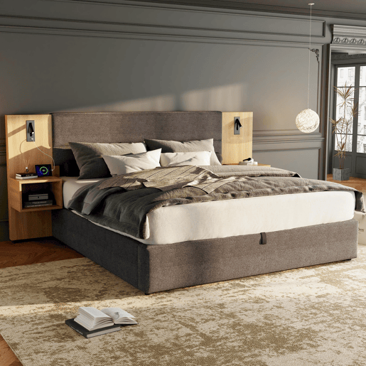 Cama grande para arrumação 160x200 cm estofada em veludo - com porta USB e LED - 2 mesas de cabeceira - Cinzento e Natural