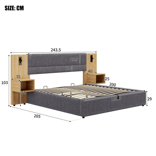 Cama grande para arrumação 160x200 cm estofada em veludo - com porta USB e LED - 2 mesas de cabeceira - Cinzento e Natural